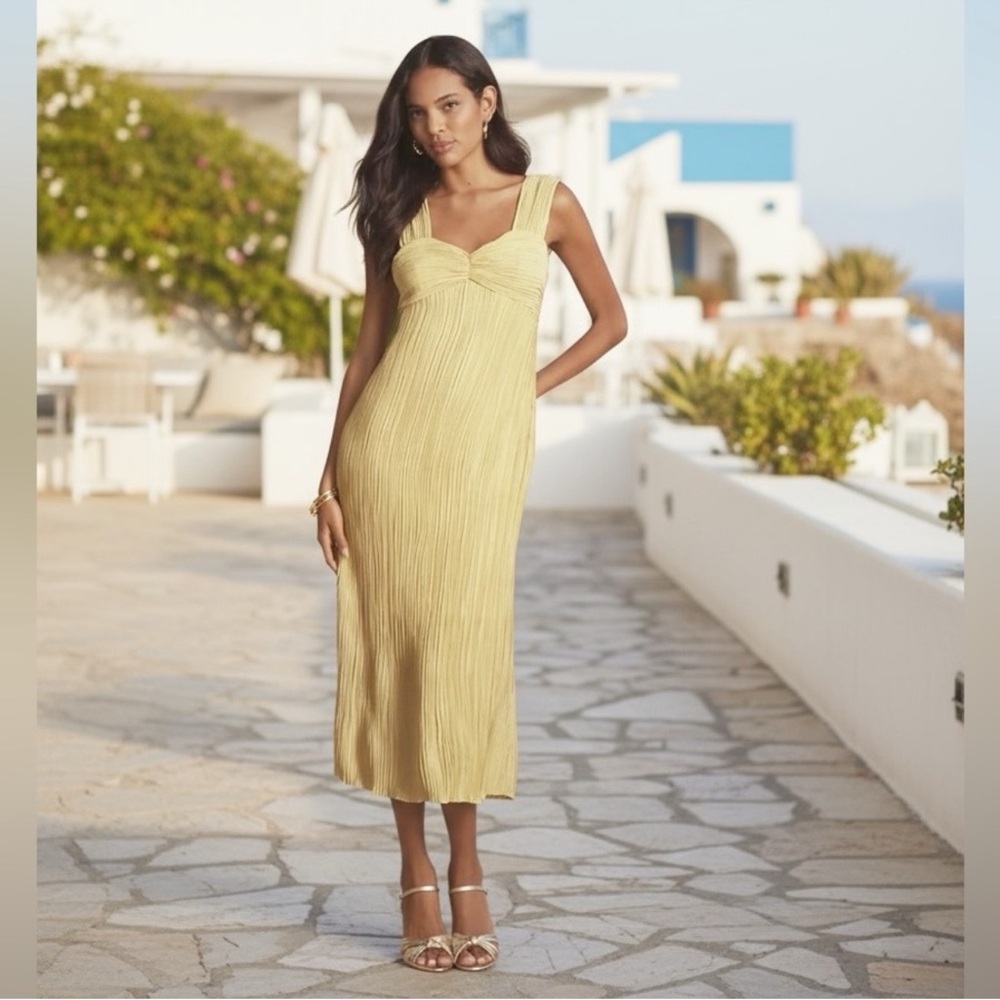NWT Anthropologie Pleated Satin Midi Dress - Golden Yellow Sz Large